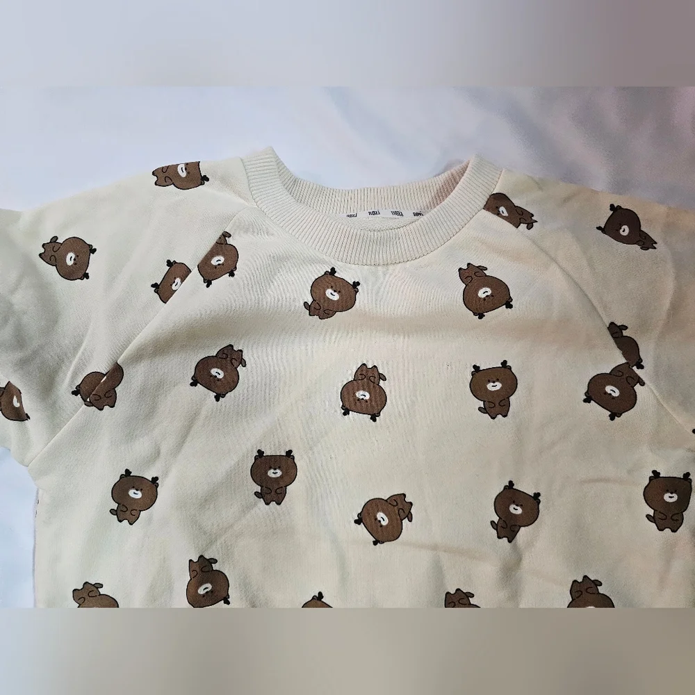Adorable Soft Cream and Brown Bear Print Kids One Piece- Size 80